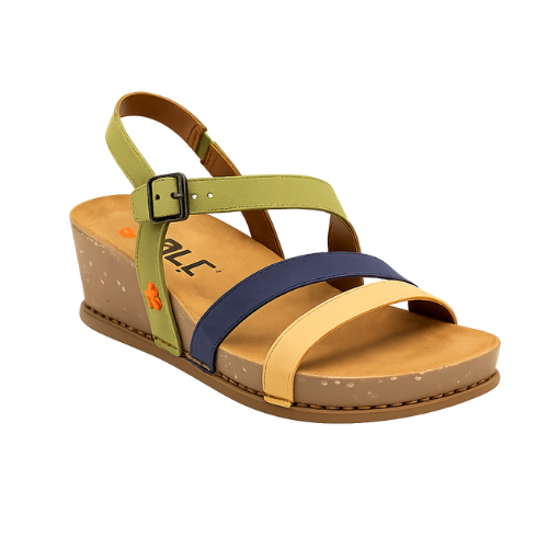 Green, blue and yellow strappy sandal with tan Art logo'd footbed, tan wedge midsole and light textured outsole.