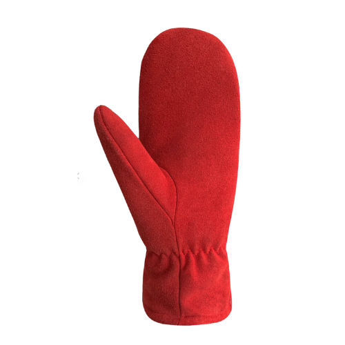 Palm of red mitten with elastic zig-zag at cuff.