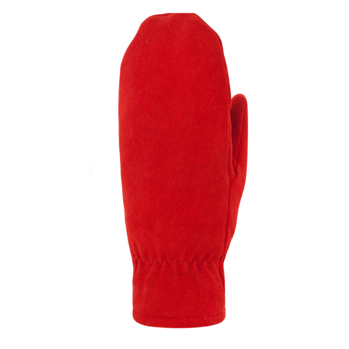 Red mitten with elastic zig-zag at cuff.