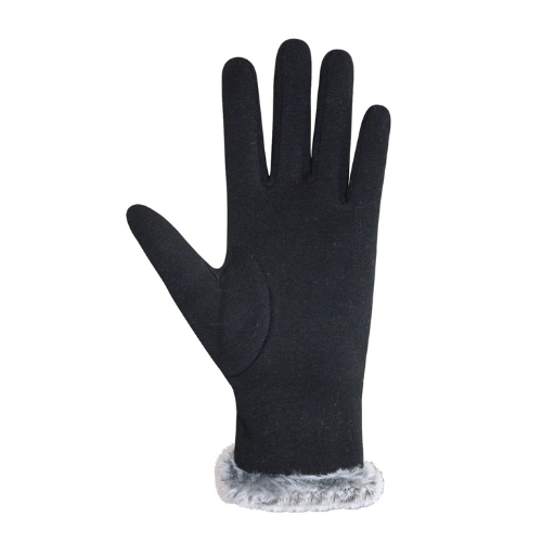 Palm of black gloves with a grey fur cuff.