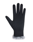 Palm of black gloves with a grey fur cuff.