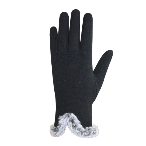 Black glove with grey fur cuff.