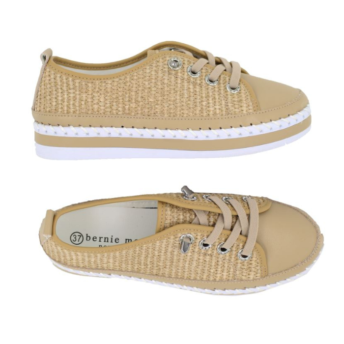 Pair of Beige leather sneakers with woven upper, beige laces, white Bernie Mev logo'd footbed and a brown platform attached with large white stitching detail.