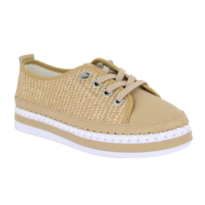 Beige leather sneaker with woven upper, beige laces and a brown platform attached with large white stitching detail.