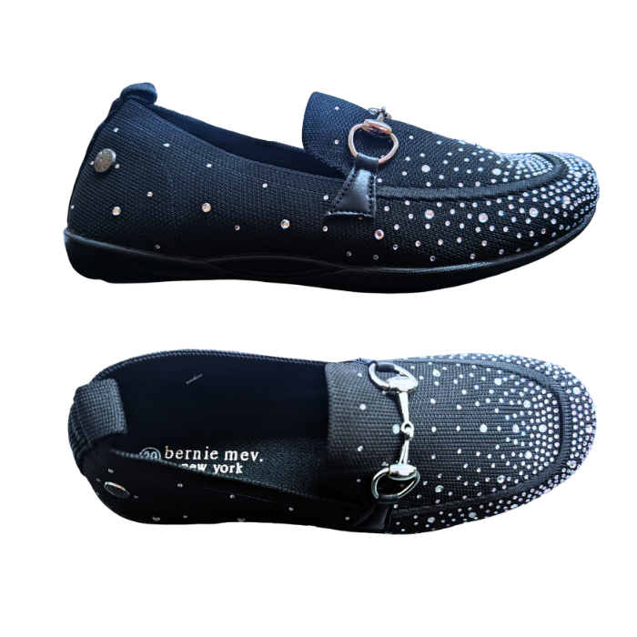 Pair of Black loafers with crystal details at toe and thinning as moves to heel and a silver buckle detail over vamp.