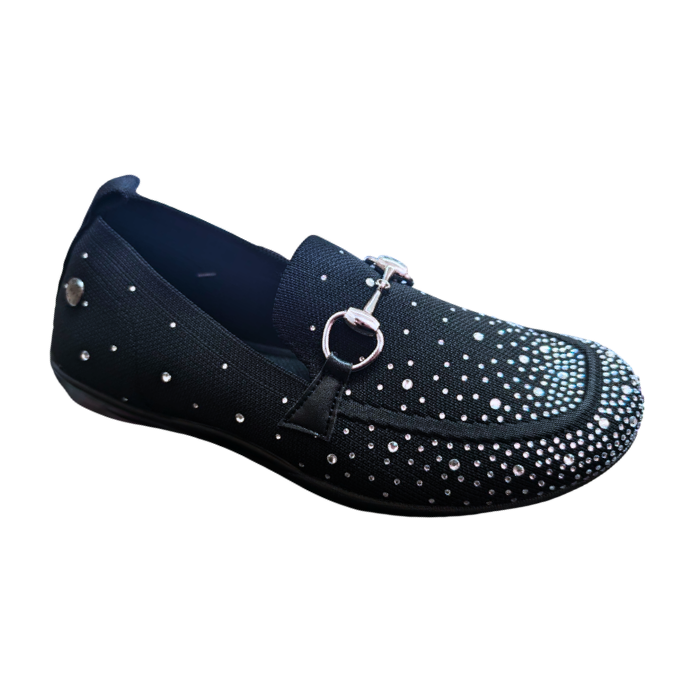 Black loafer with crystal details at toe and thinning as moves to heel and a silver buckle detail over vamp.