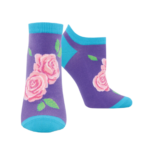 Purple ankle socks with blue accents and two pink rose blossoms on vamp of each sock.