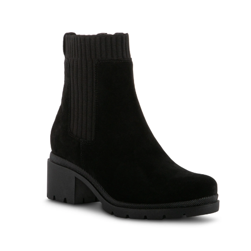 Black suede ankle boot with knit accent panels and low lugged block heel.