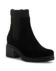 Black suede ankle boot with knit accent panels and low lugged block heel.