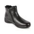 Black ankle boot with fur lining and zipper.