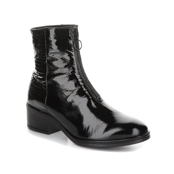 Bos & Co Jordon Zip Ankle Boot in black patent leather with croc-embossed heel detail and low block heel, available at White-Balmer Shoes.