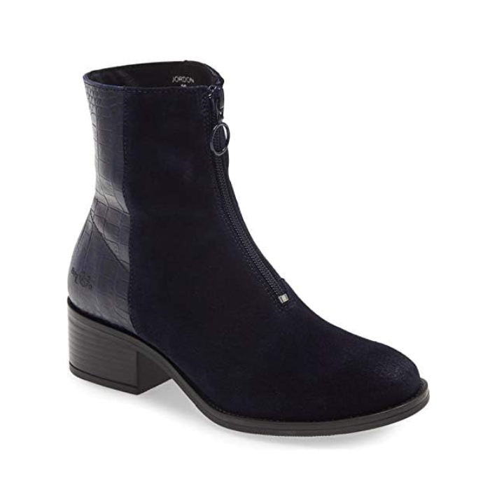 Bos & Co Jordon Zip Ankle Boot in navy suede with croc-embossed leather heel detail and low block heel, ideal for stylish fall wear.