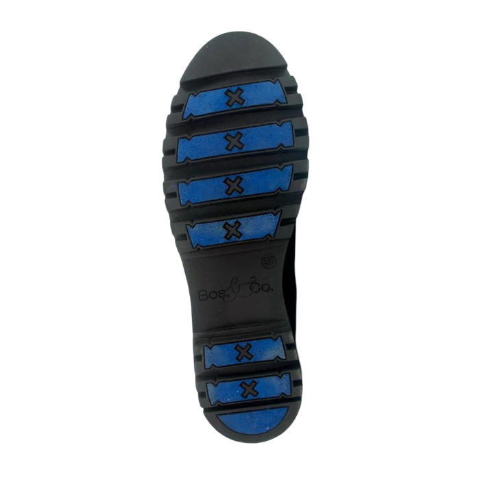 Treaded outsole with blue fiber glass grip sections and "X"s and "Bos&Co" stamped in pattern.