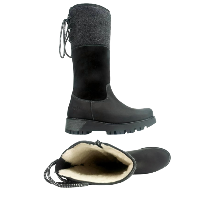 Pair of Black knee-high boots with gray cuff, suede mid, oiled leather foot, wool lining, inside zipper and thick treaded outsole.
