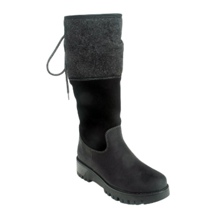 Black knee-high boot with gray cuff, suede mid and oiled leather foot and thick treaded outsole.