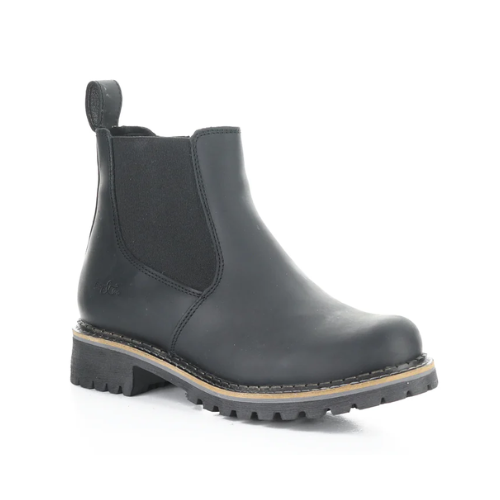 Black Chelsea boot with lugged outsole, pull tab and side goring.