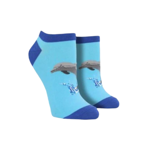 Blue socks with dolphin pattern.