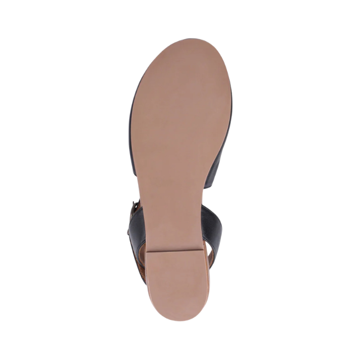 Tan light treaded outsole of sandal.