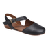 Black slingback D'orsay sandal with buckle closure, asymmetrical straps and tan footbed.