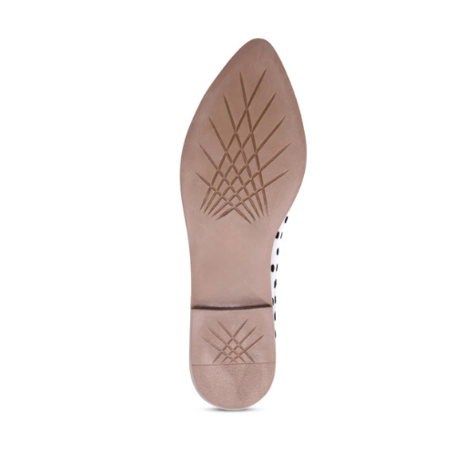 Brown outsole with criss-crossing tread outsole with low heel of ballet flat.