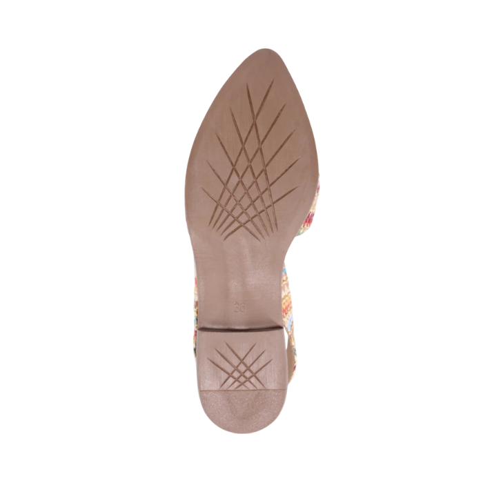 Criss-crossing tread pattern tan outsole of a slingback flat.