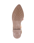 Criss-crossing tread pattern tan outsole of a slingback flat.