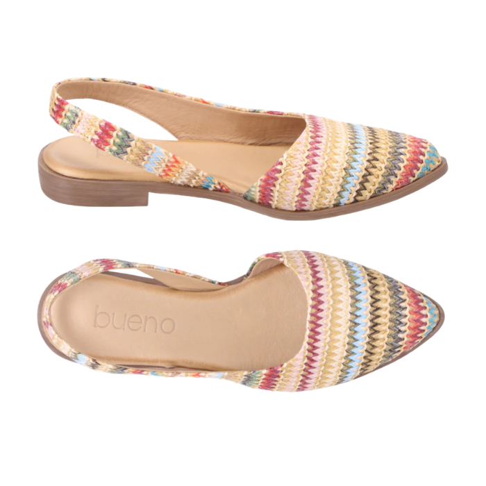 Pair of Yellow, red, green and blues woven upper slingback D'orsay flats with almond shaped closed toe, tan Bueno logo'd footbed with brown thin outsole.