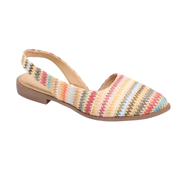 Yellow, red, green and blues woven upper slingback D'orsay flat with almond shaped closed toe, tan Bueno logo'd footbed with brown thin outsole.