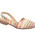 Yellow, red, green and blues woven upper slingback D'orsay flat with almond shaped closed toe, tan Bueno logo'd footbed with brown thin outsole.