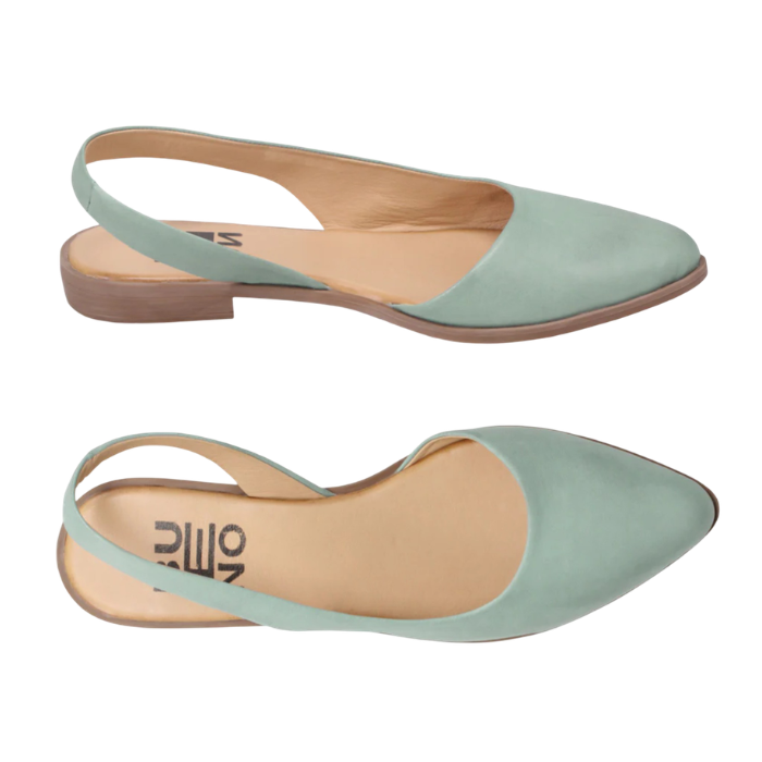 Pair of Seafoam, teal, slingback D'orsay flats with almond shaped closed toe, tan Bueno logo'd footbed with brown thin outsole.