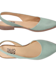 Pair of Seafoam, teal, slingback D'orsay flats with almond shaped closed toe, tan Bueno logo'd footbed with brown thin outsole.