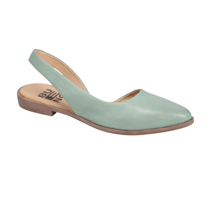 Seafoam, teal, slingback D'orsay flat with almond shaped closed toe, tan Bueno logo'd footbed with brown thin outsole.