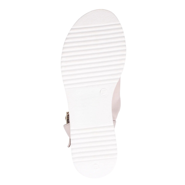 White line pattern tread on a wedge sandal outsole. 