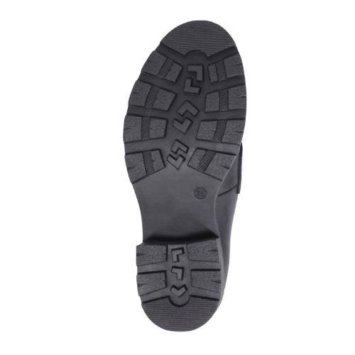 Black rubber treaded outsole with geometric designs.