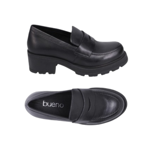 Black loafer shoes with 'bueno' branding on footbed and chunky block heel.