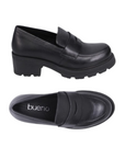 Black loafer shoes with 'bueno' branding on footbed and chunky block heel.