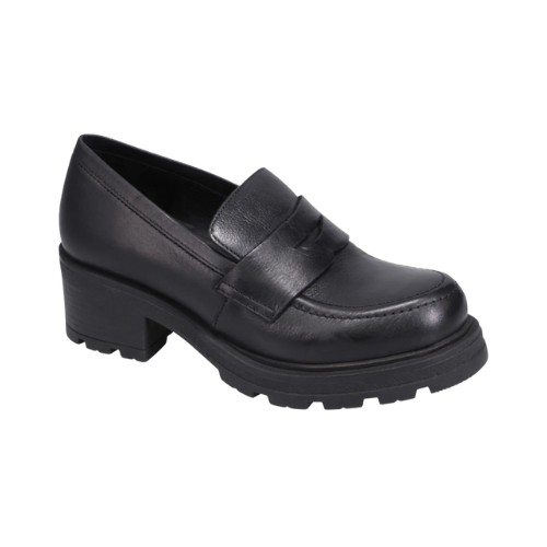 Black leather chunky heeled loafer shoe.