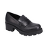 Black leather chunky heeled loafer shoe.