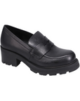 Black leather chunky heeled loafer shoe.