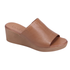 Brown slide sandal with brown wedge outsole and tan Bueno logo'd footbed.