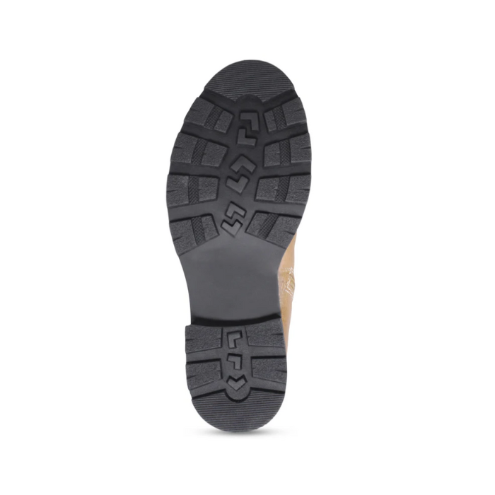 Black treaded rubber outsole.