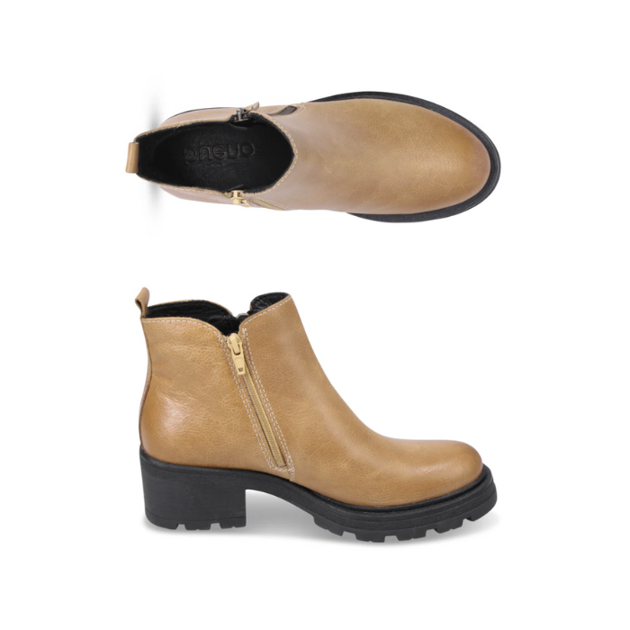 Pair of Yellow ankle boots with side zipper, pull tab and black lugged outsole.