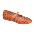 Mary Jane Flat in orange leather with floral laser-cut design, Velcro strap and tan outsole.