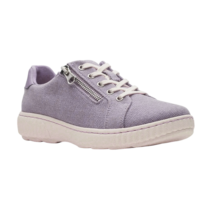 Purple canvas sneaker with white laces, side zipper and white outsole.