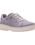 Purple canvas sneaker with white laces, side zipper and white outsole.
