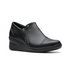 Black leather wedge ankle slip-on shoe. Has a detailed silver button above side zipper. Small detailed diagonal stitching on toe.