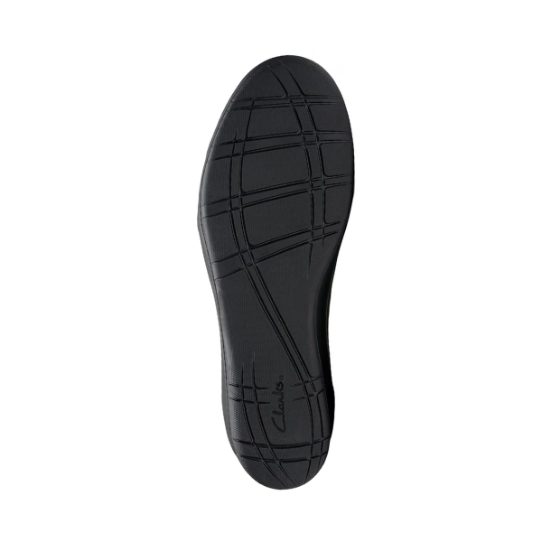 Black treaded outsole on the wedge from the bottom view