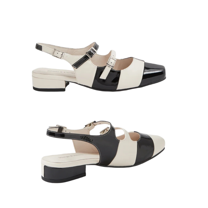 Pair of Black and white large checkered pattern slingback sandal with three buckle straps, white logo'd footbed and a low block heel.
