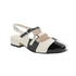 Black and white large checkered pattern slingback sandal with three buckle straps and a low block heel.