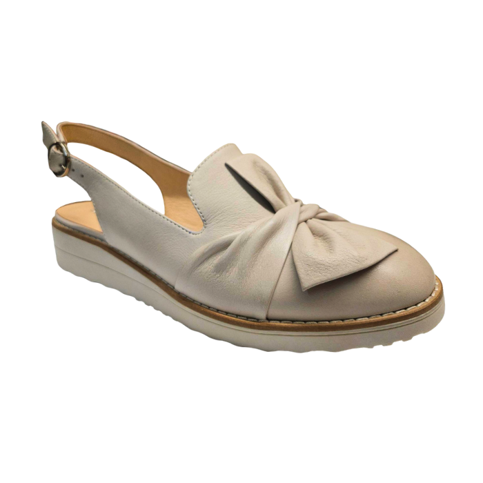 Beige slingback with knot style bow on vamp and beige outsole.